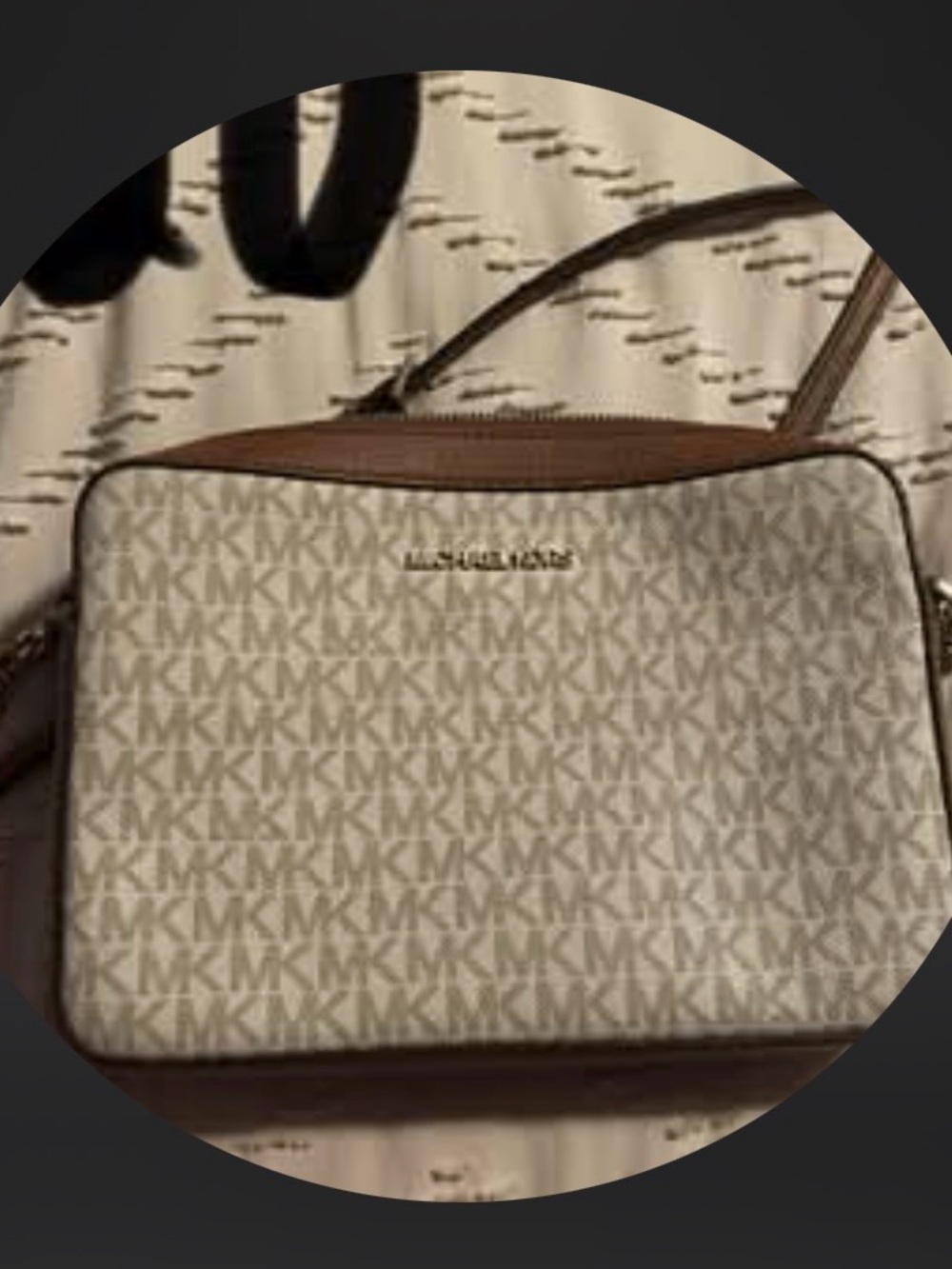 Michael Kors Beige Signature MK Monogram Crossbody with Brown Trim